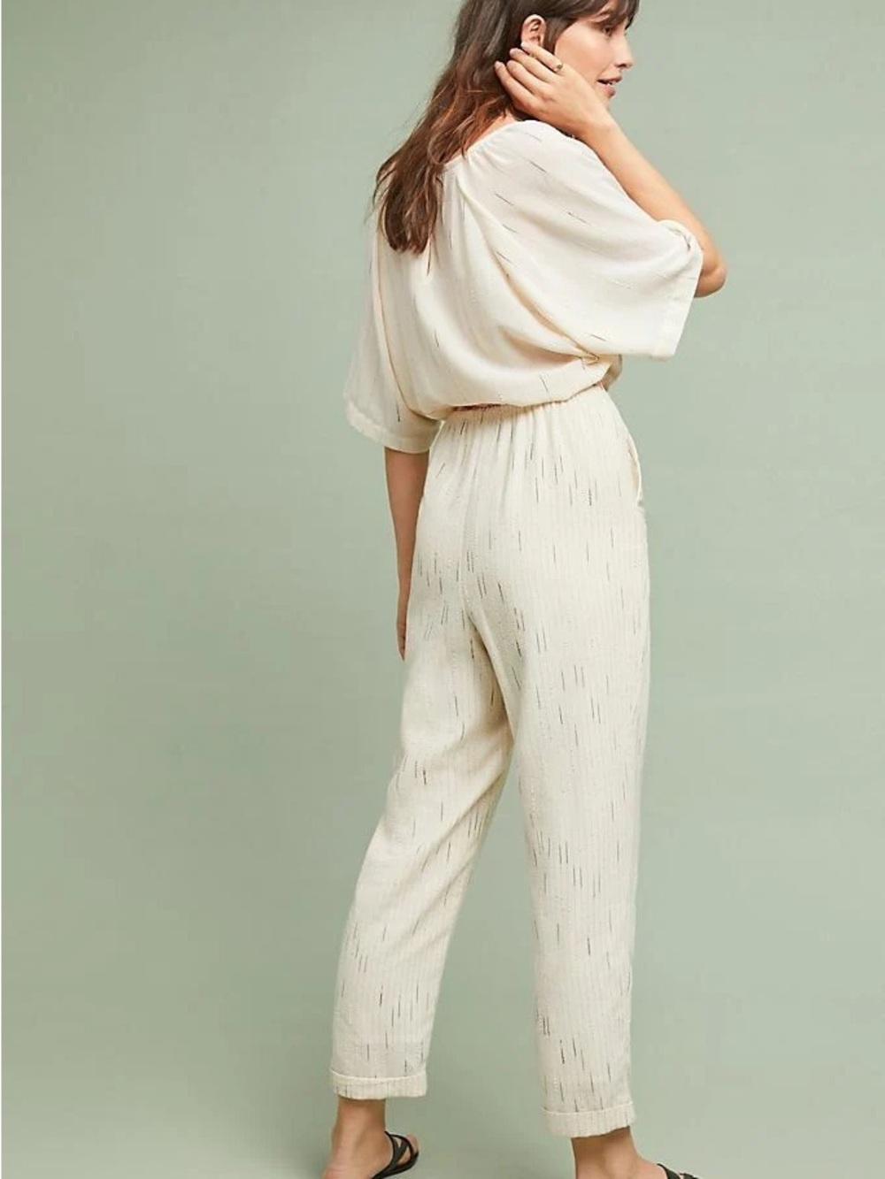 Anthropologie Cream Textured Elastic-Waist Jumpsuit